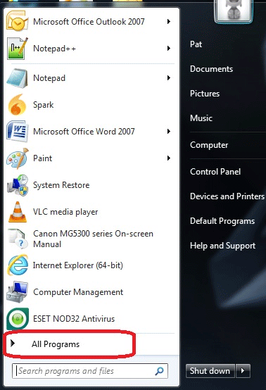 Windows Start, All Programs